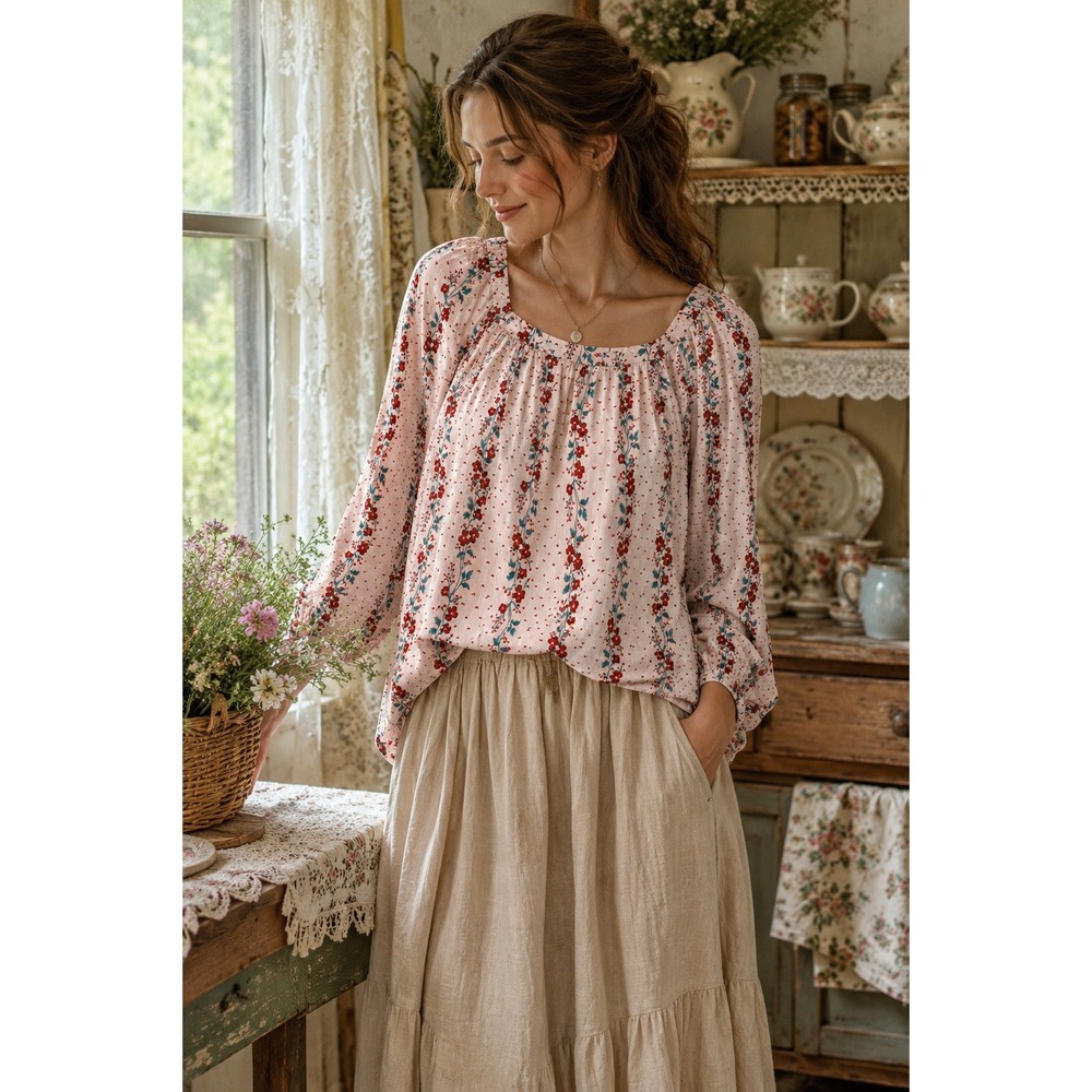 Old Navy Pink Floral Cottagecore Peasant Blouse Long Sleeve Prairie Top Medium